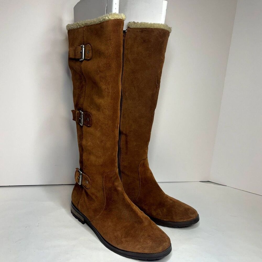 Alfani Vermont Genuine Suede Leather Shearling Triple Buckle Riding Boots Women - Picture 2 of 9